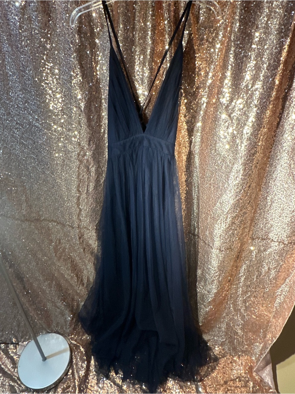 Navy V-Neck Spaghetti Strap Tulle Maxi Dress - Picture 2 of 5